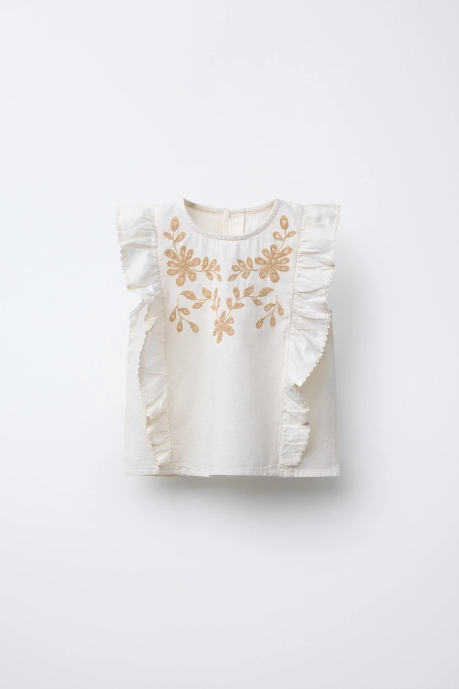 EMBROIDERED FLORAL LINEN BLEND TOP
