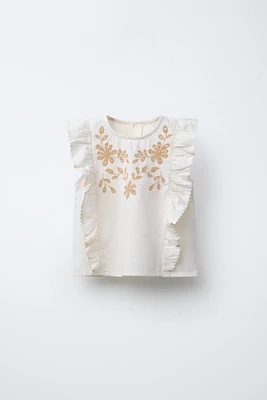 EMBROIDERED FLORAL LINEN BLEND TOP
