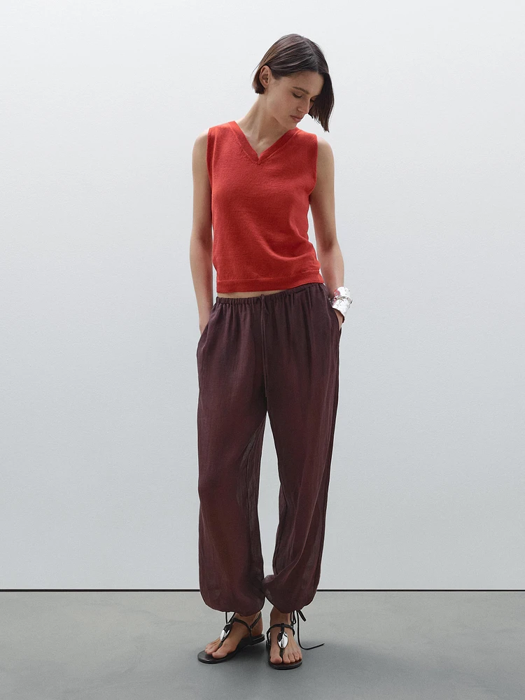 Flowing ramie blend drawstring trousers