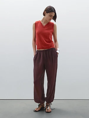 Flowing ramie blend drawstring trousers