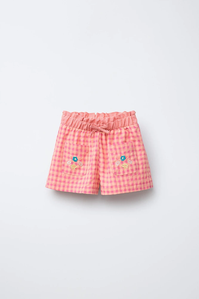EMBROIDERED PLAID SHORTS