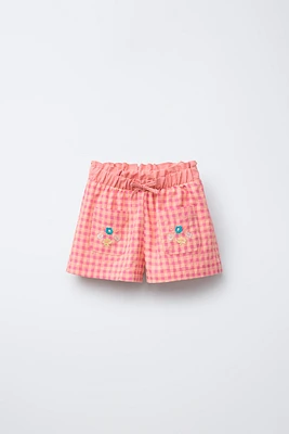 EMBROIDERED PLAID SHORTS