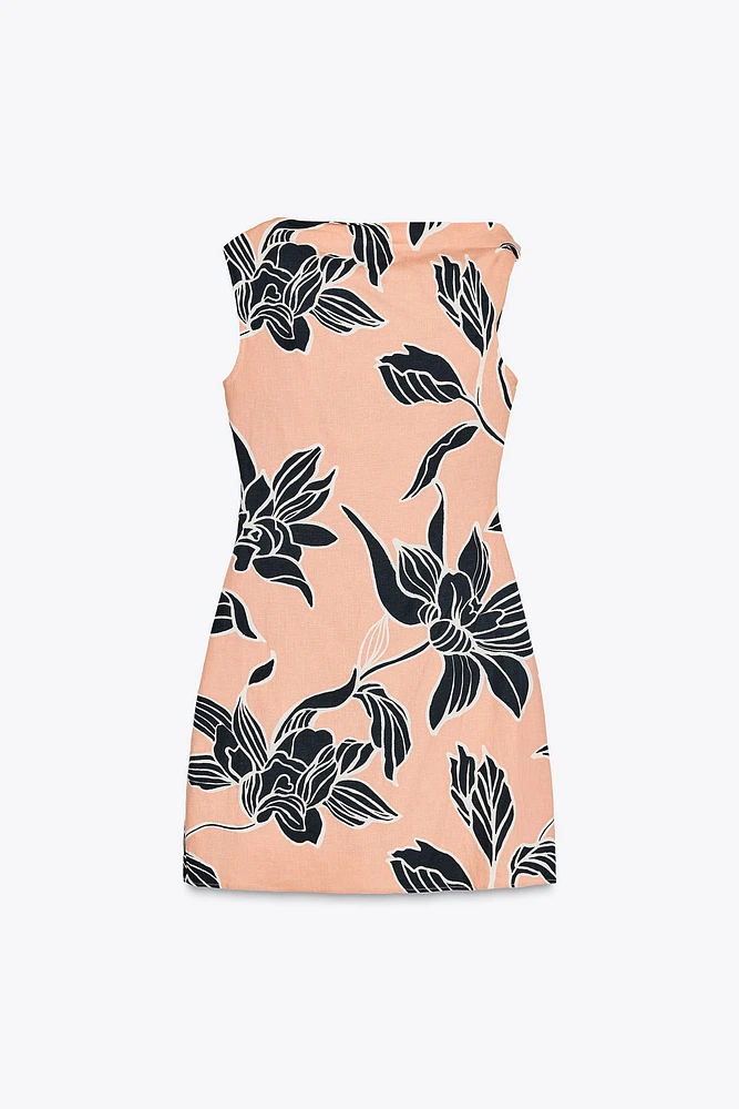 PRINTED LINEN BLEND MINI DRESS