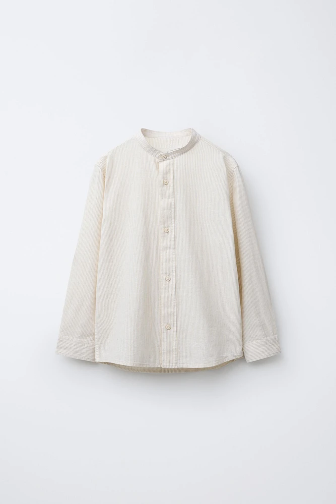 STRIPED LINEN MANDARIN COLLAR SHIRT