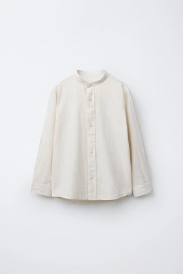 STRIPED LINEN MANDARIN COLLAR SHIRT