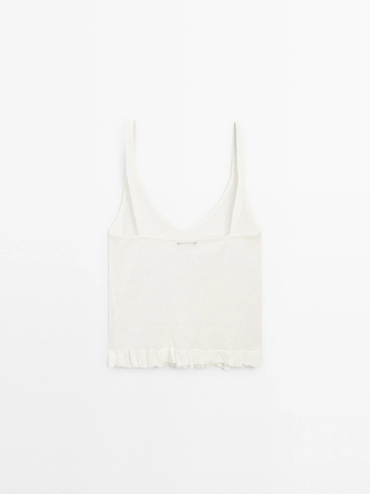 100% linen top with ruffled hem