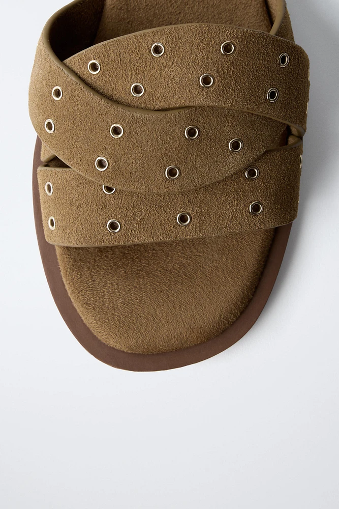 SUEDE CROSS STRAP FLAT SANDALS