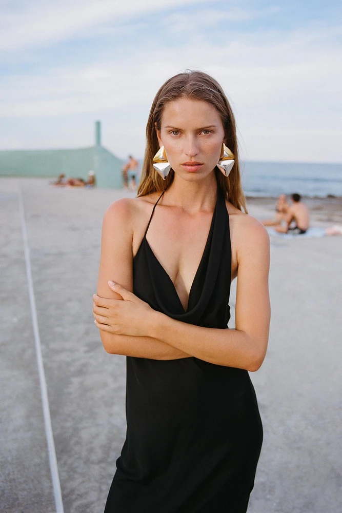 ASYMMETRIC SATIN MIDI DRESS