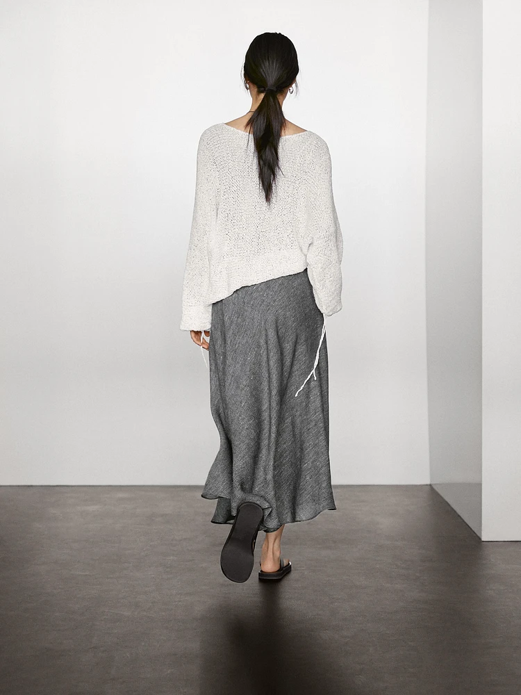 Linen blend midi skirt with flounce