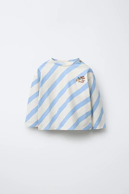DIAGONAL STRIPED T-SHIRT WITH DOG EMBROIDERY