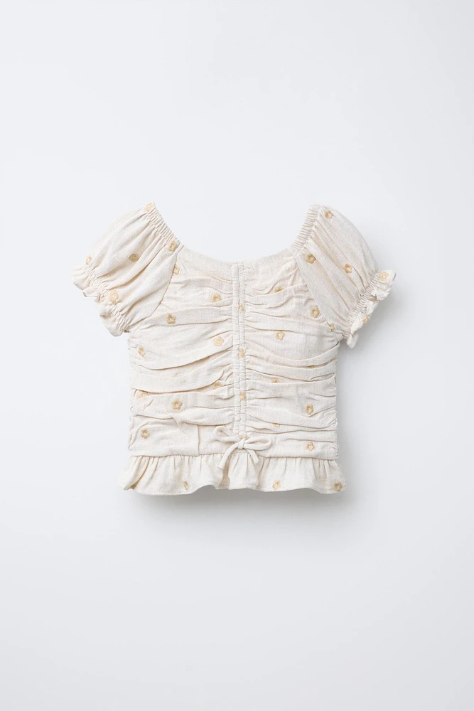 LINEN EMBROIDERED FLOWER RUCHED TOP