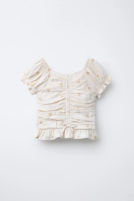 LINEN EMBROIDERED FLOWER RUCHED TOP