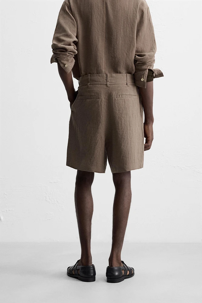 100% LINEN BELTED BERMUDA SHORTS