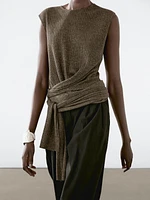 Melange linen blend top with tie detail