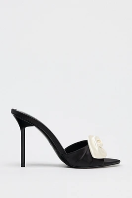 SATIN EFFECT FLOWER HEELED SANDALS