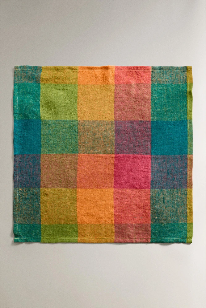 LOT SERVIETTES DE TABLE EN LIN À CARREAUX MULTICOLORES
