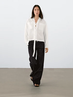 Stand collar blouse with tie detail