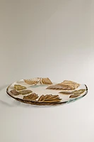 GLASS DESSERT PLATE WITH A FLORAL LEAF DESIGN