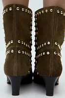 SPLIT LEATHER STUDDED ANKLE BOOTS