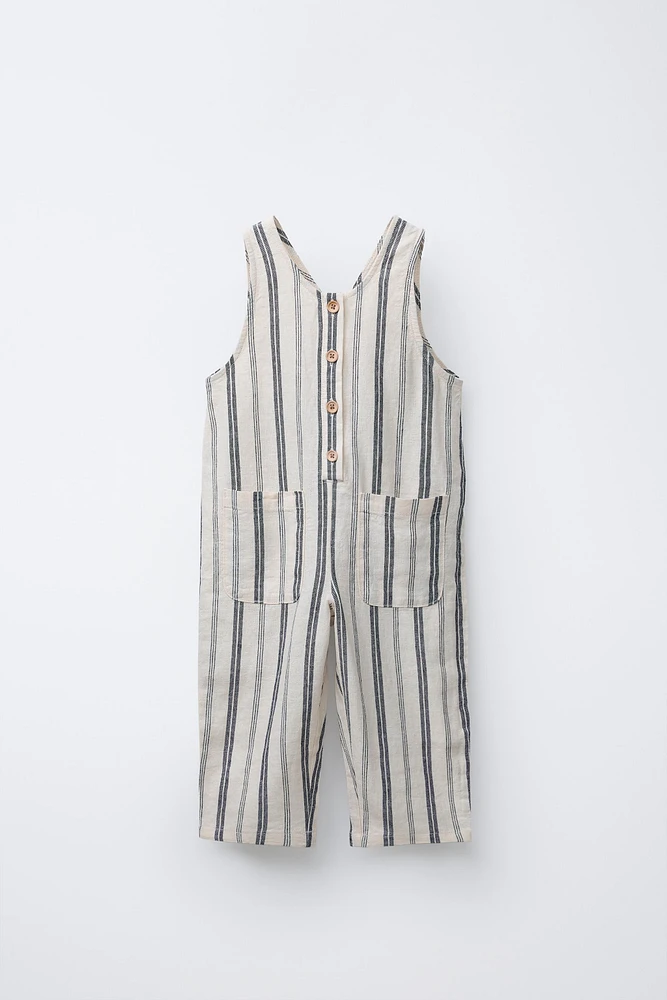 STRIPED LINEN LONG OVERALLS
