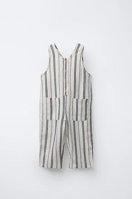 STRIPED LINEN LONG OVERALLS