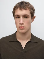 Linen blend knit V-neck polo shirt