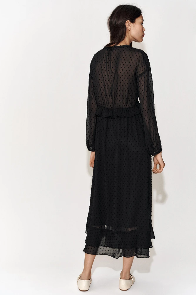 RUFFLED DOTTED MESH DRESS