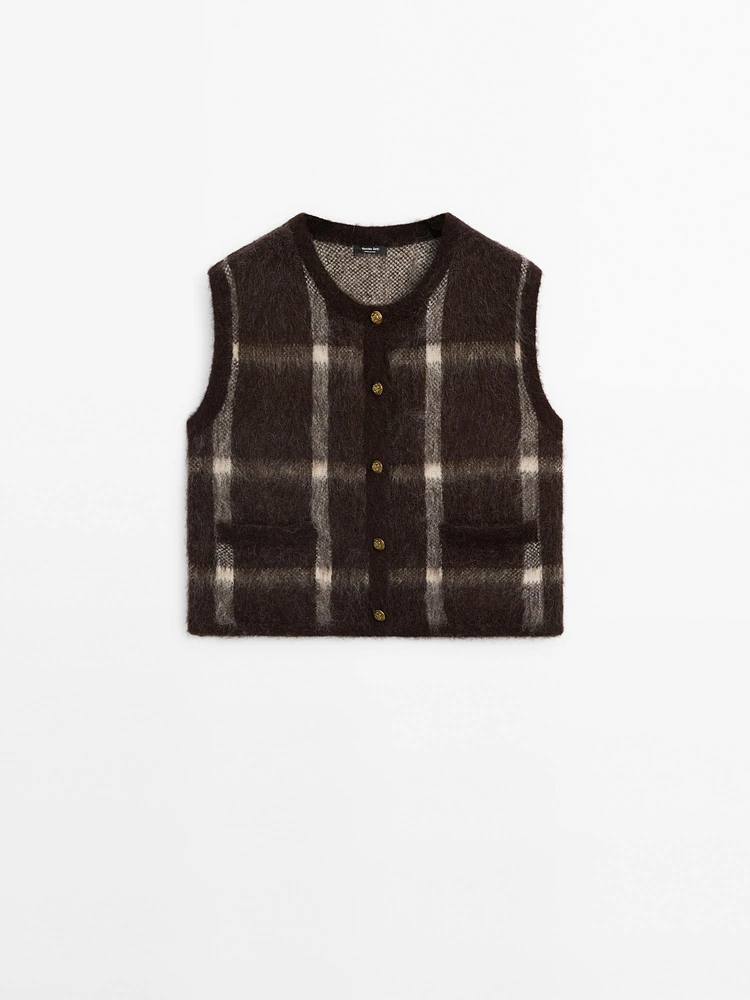 Wool blend check knit vest