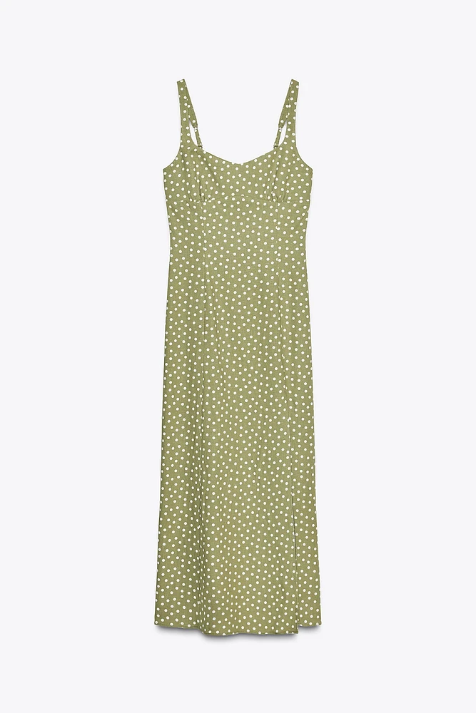 LINEN BLEND POLKA DOT MIDI DRESS