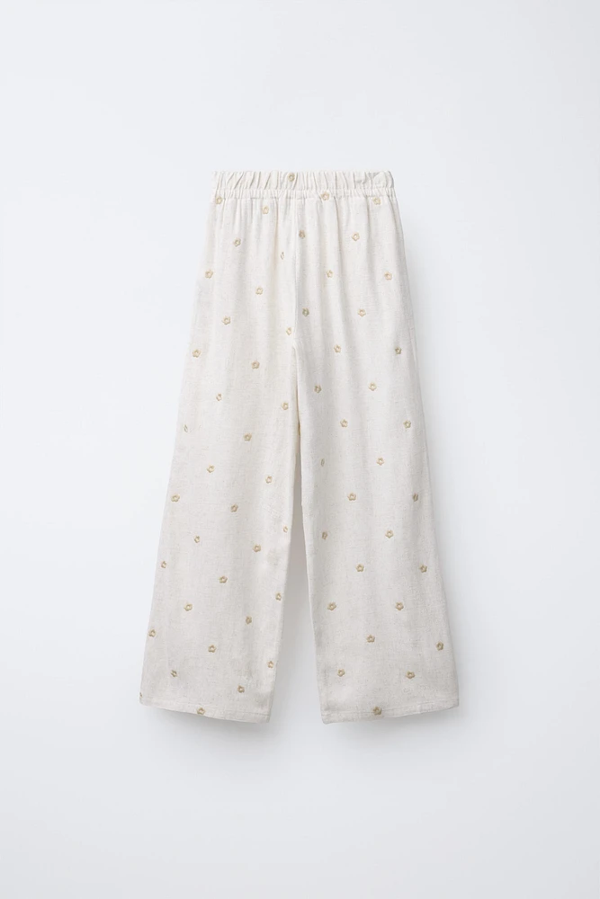 EMBROIDERED FLORAL WIDE LEG LINEN PANTS