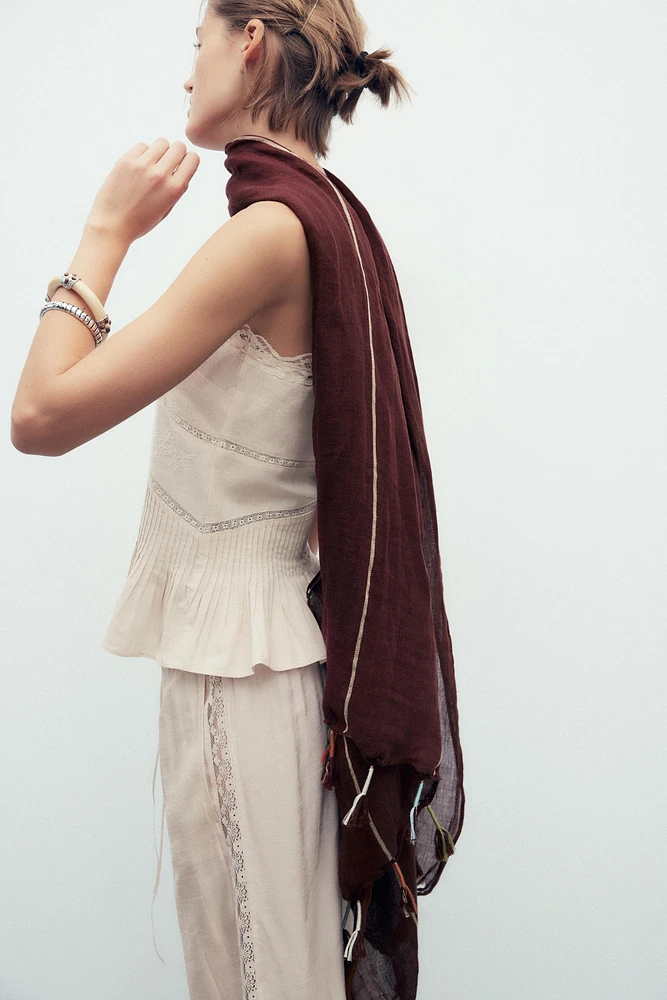 STRIPED FRINGED LINEN BLEND SCARF