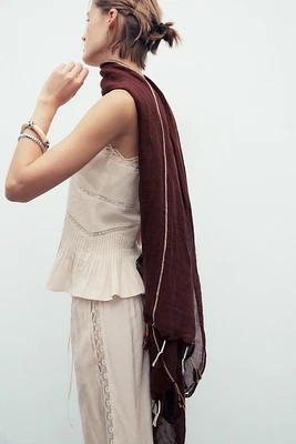 STRIPED FRINGED LINEN BLEND SCARF