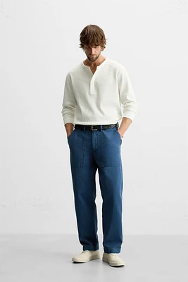 BUTTON-NECK CHECKERED T-SHIRT