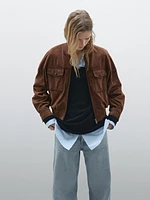 Suede leather bomber jacket with pockets