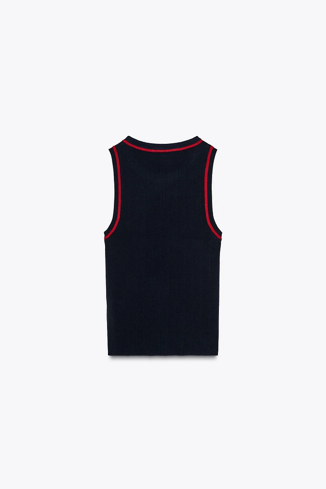 CONTRAST STITCH SLEEVELESS KNIT TOP