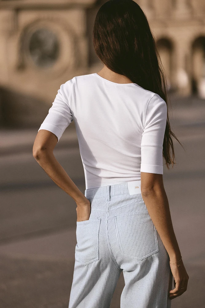 STRIPED PRINT STRAIGHT CUT PANTS