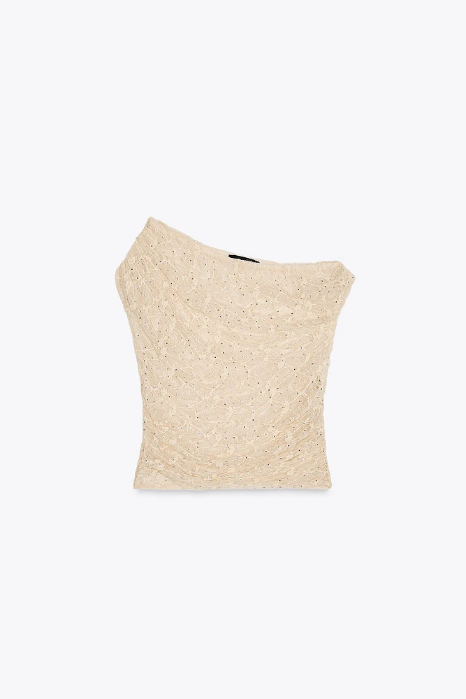 DRAPED RHINESTONE LACE TOP