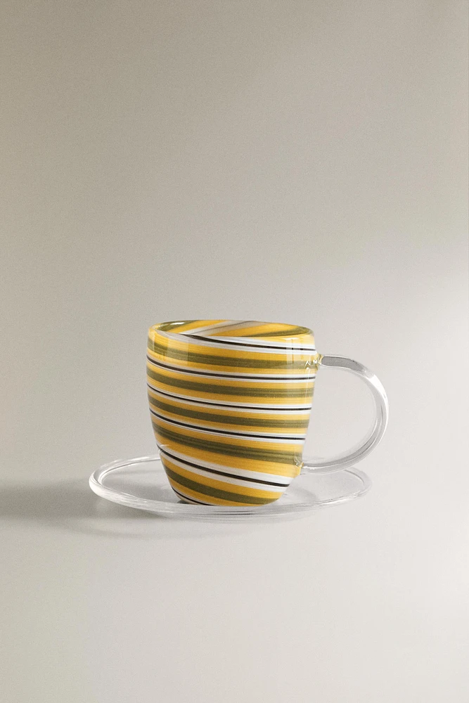 BOROSILICATE GLASS MUG AND SAUCER WITH SPIRAL DETAIL