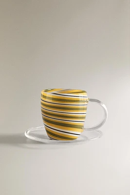 BOROSILICATE GLASS MUG AND SAUCER WITH SPIRAL DETAIL