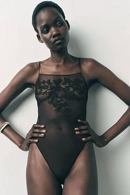 FLORAL EMBROIDERY MESH BODYSUIT