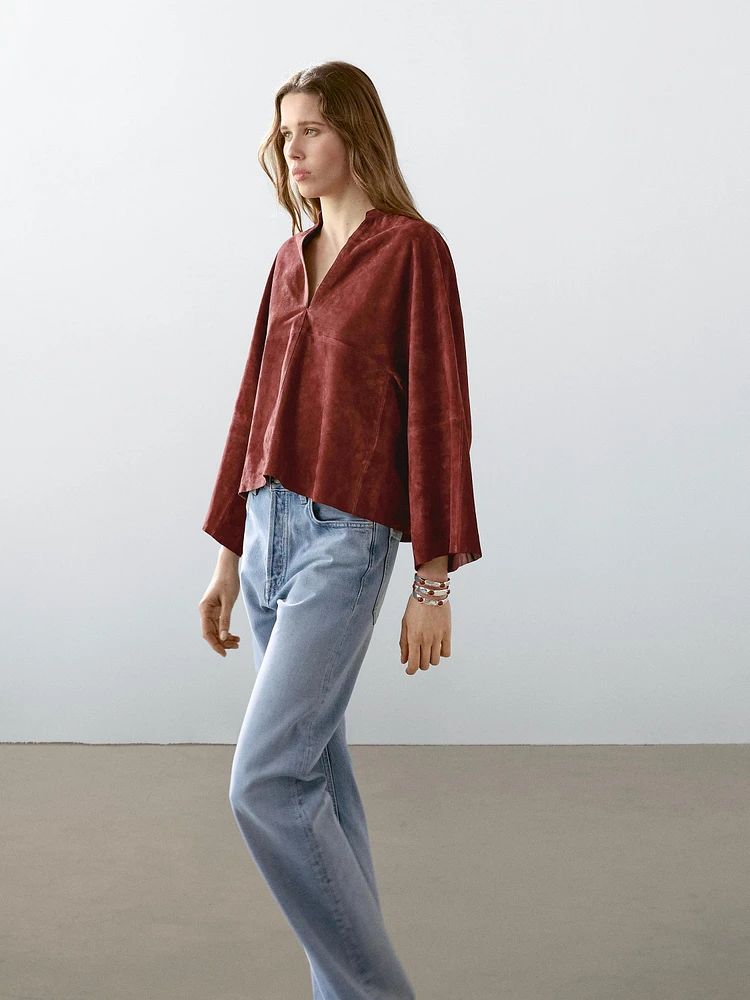 Loose-fitting suede leather shirt