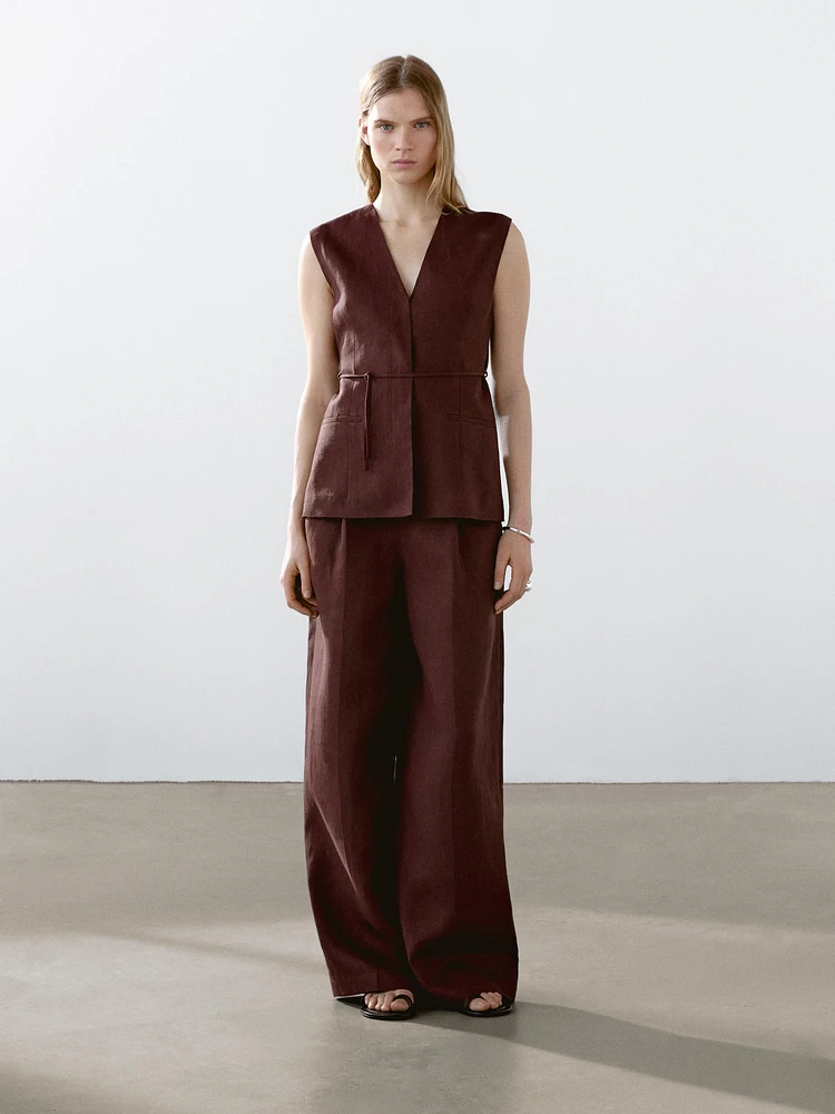 Long 100% linen waistcoat with ribbons