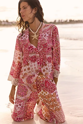 PRINTED BLOUSE WITH GUIPURE LACE SLEEVES