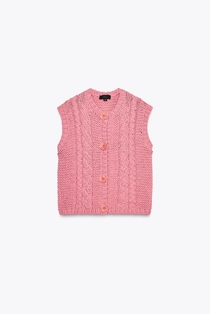 FLORAL BUTTON KNIT VEST TOP