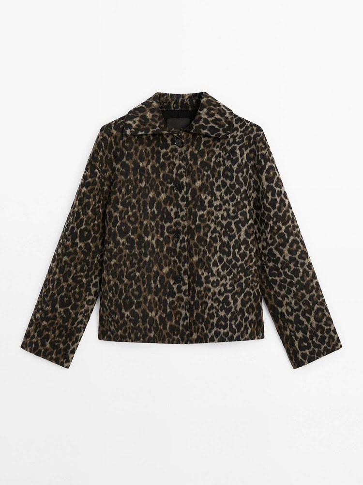 Cropped wool blend animal print jacket