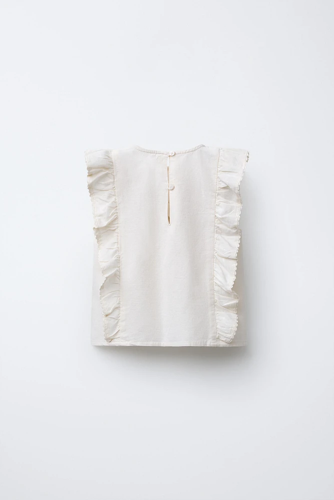 EMBROIDERED FLORAL LINEN BLEND TOP