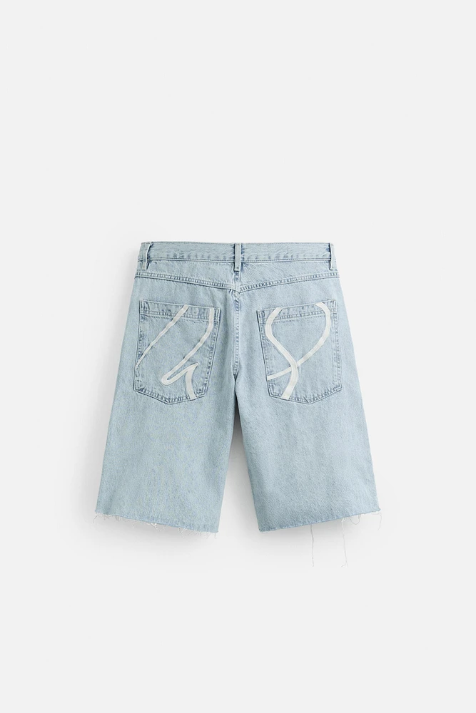 EMBROIDERED BAGGY FIT DENIM SHORTS