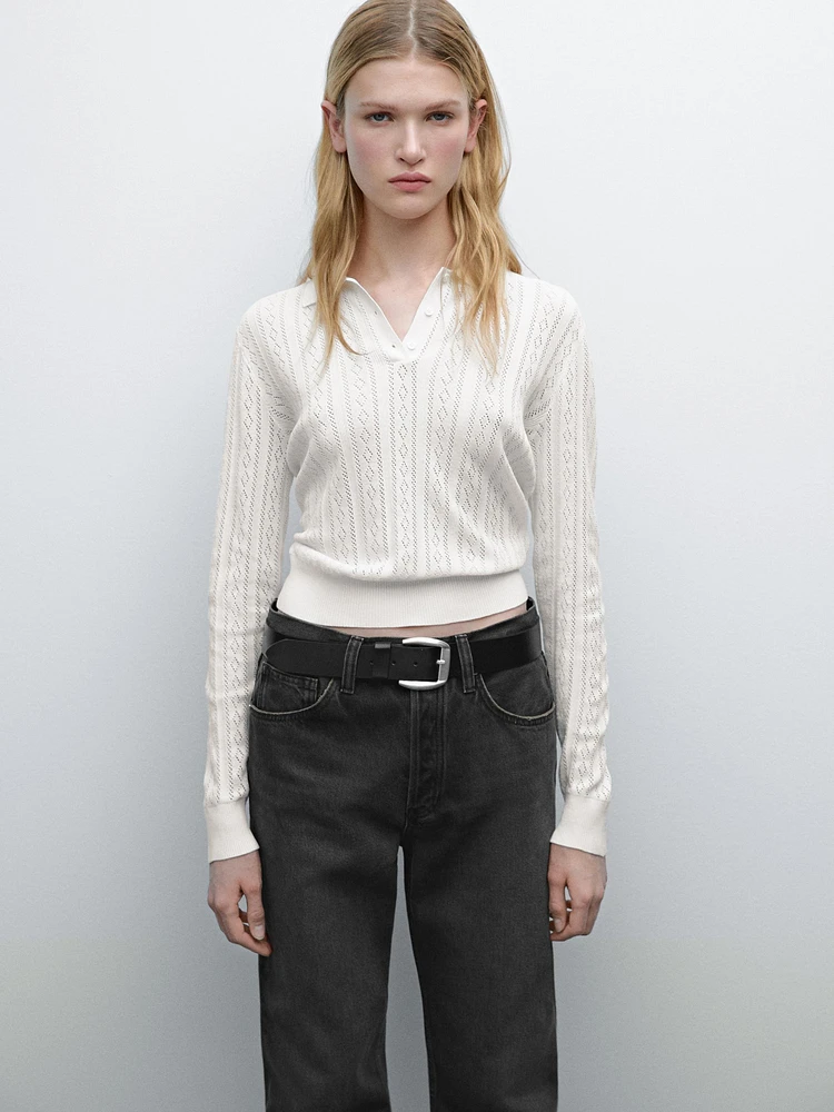 Cotton blend knit polo collar sweater
