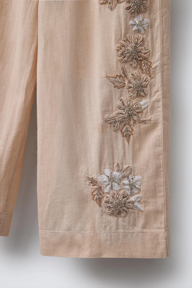 EMBROIDERED LINEN BLEND PANTS