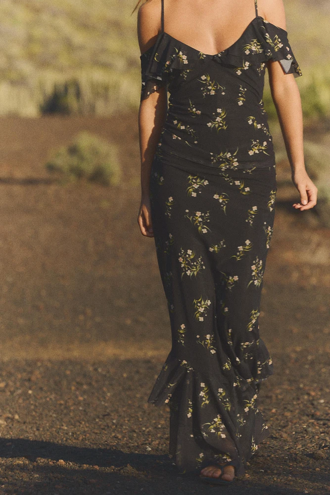 PRINTED TULLE RUFFLE SKIRT
